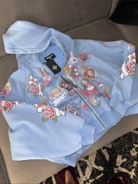 We.Are.Righteous Oversized Unisex Light Blue Graphic Zip-Up Hoodie Jacket